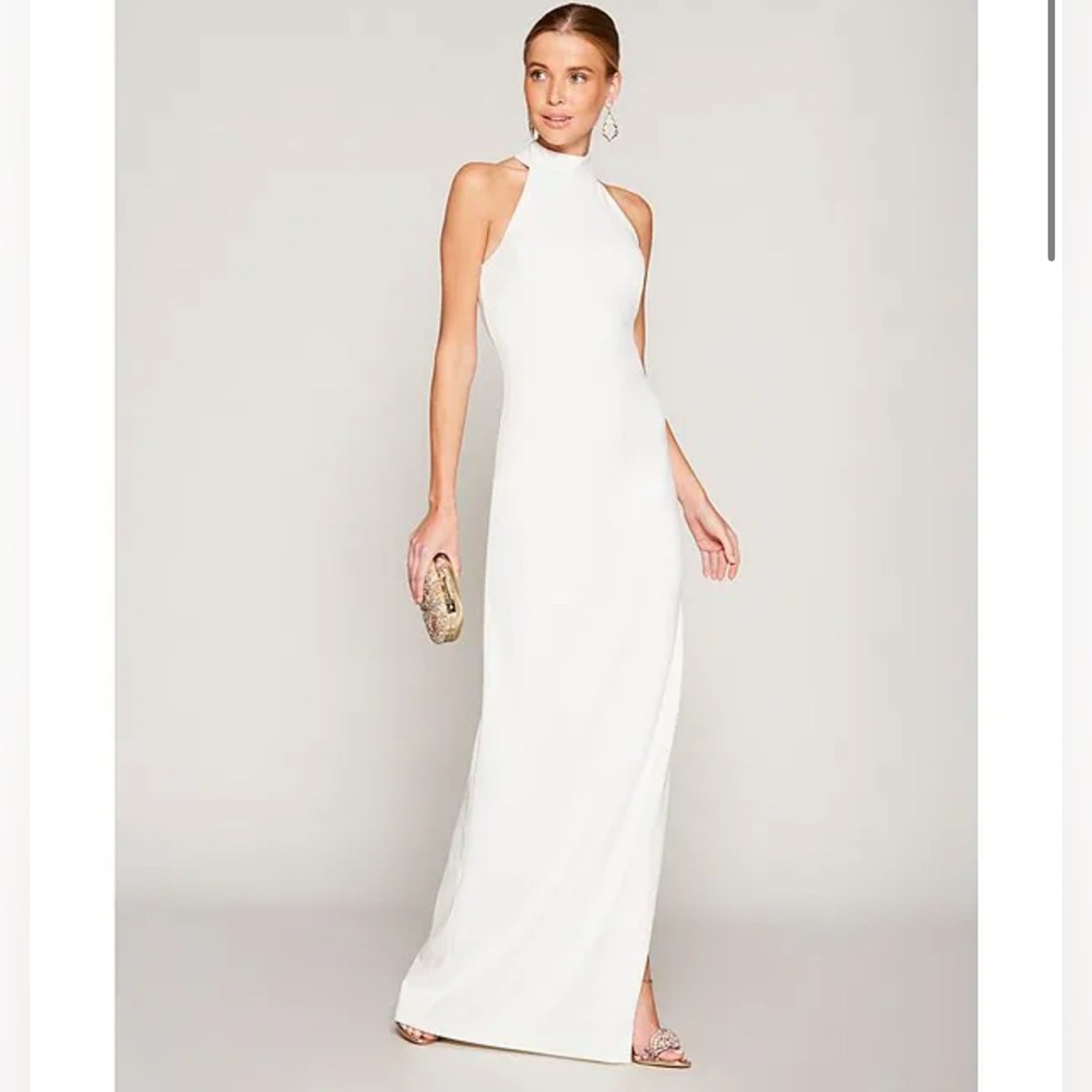 Belle by Badgley Mischka Reese Halter Neck Sleeveless Crepe Side Slit Gown